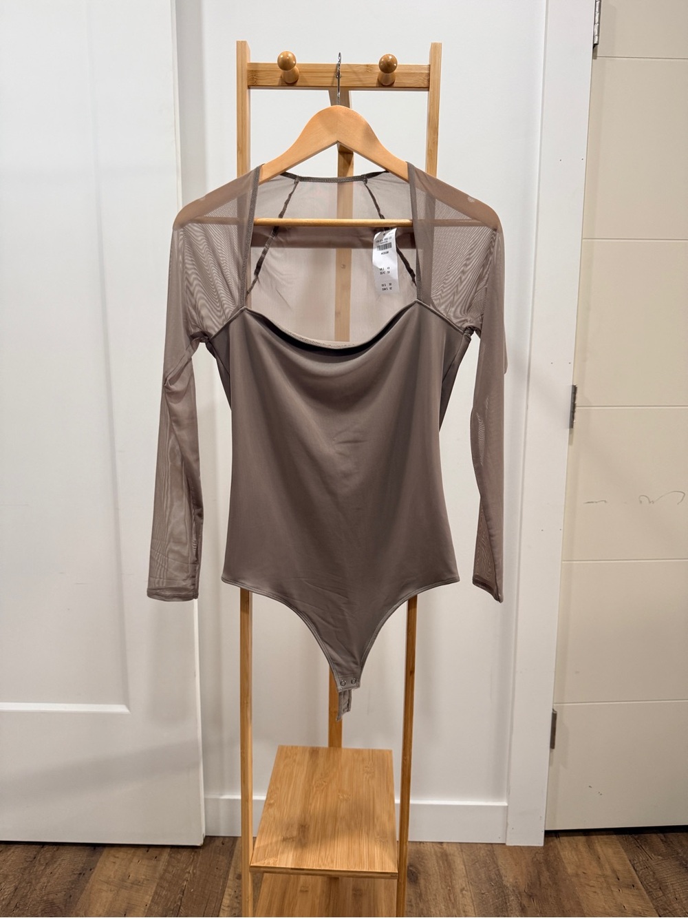 Abercrombie & Fitch Taupe Mesh-Shoulder Long Sleeve Bodysuit